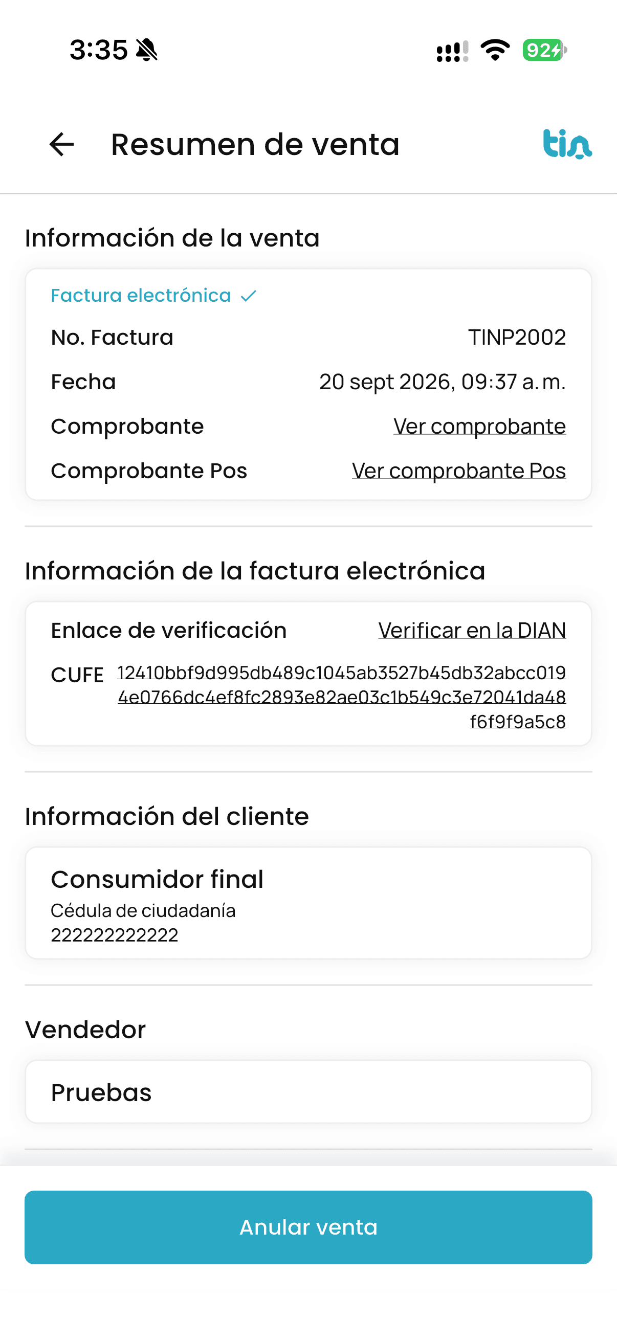 Resumen de una venta en la app de Tin Pos con factura electrónica aceptada: número de factura, CUFE y enlace para verificarla en la DIAN