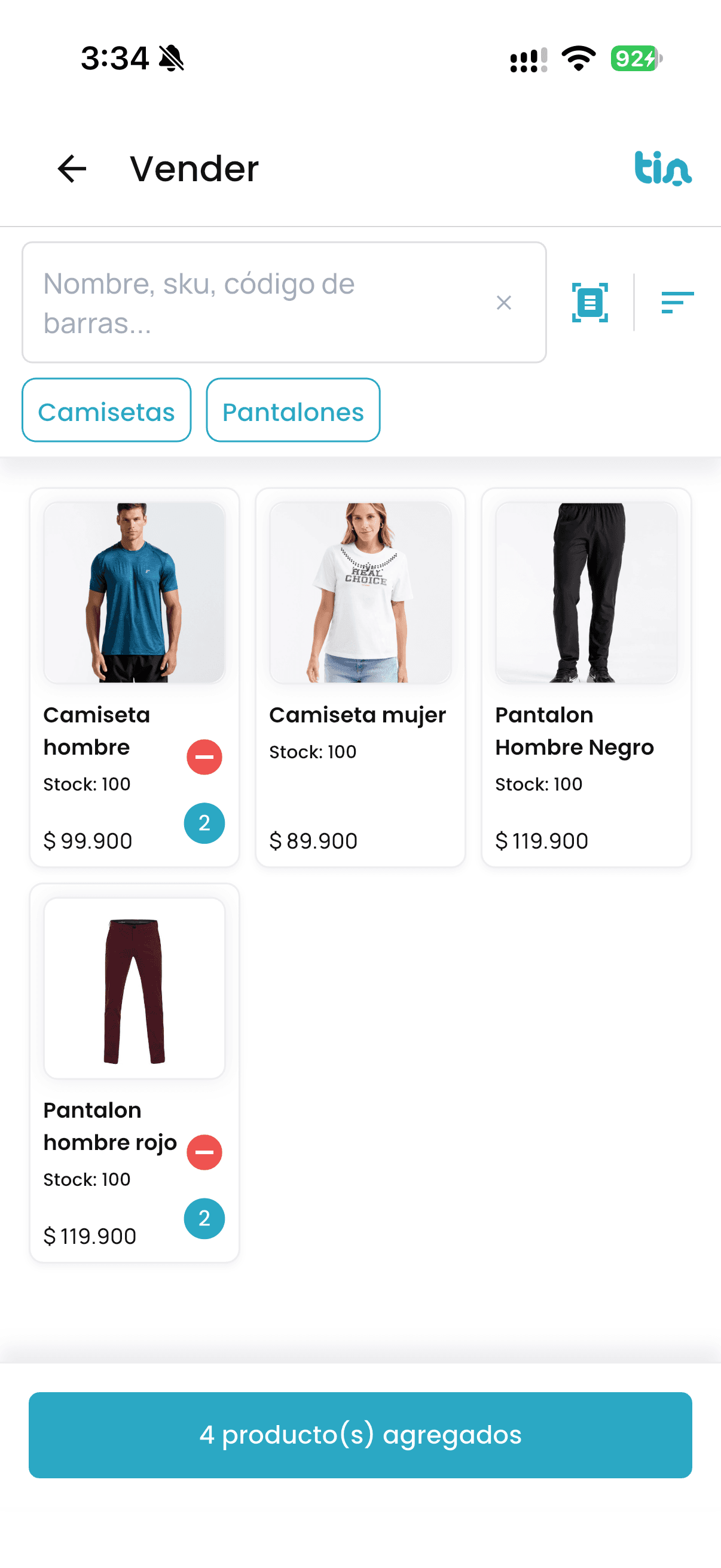 Pantalla Vender de la app de Tin Pos en un celular: buscador por nombre, SKU o código de barras, botón de escáner y productos agregados a la venta