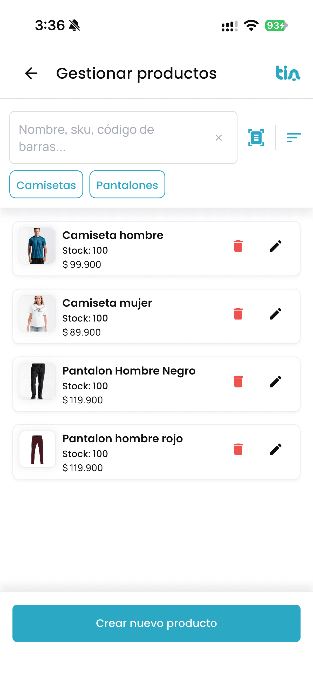 Pantalla Gestionar productos de la app de Tin Pos en un celular: listado de productos con foto, stock y precio, filtros por categoría y botón para crear un producto