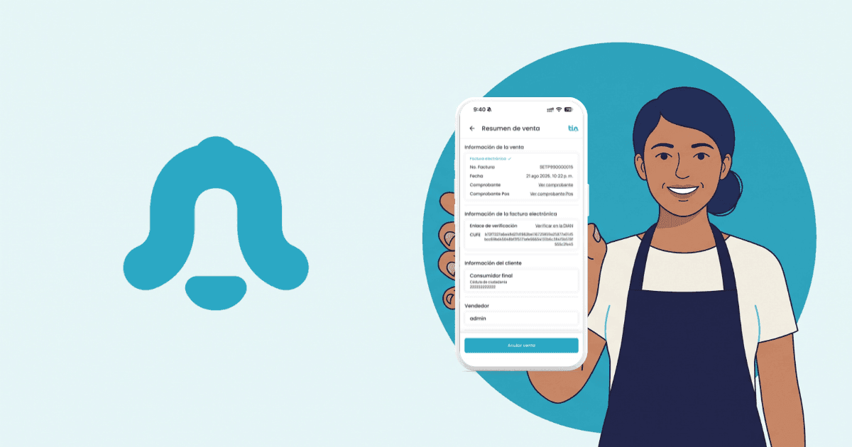 Una comerciante muestra en su celular el resumen de una venta con factura electrónica emitida en Tin Pos, con su CUFE y el enlace de verificación en la DIAN