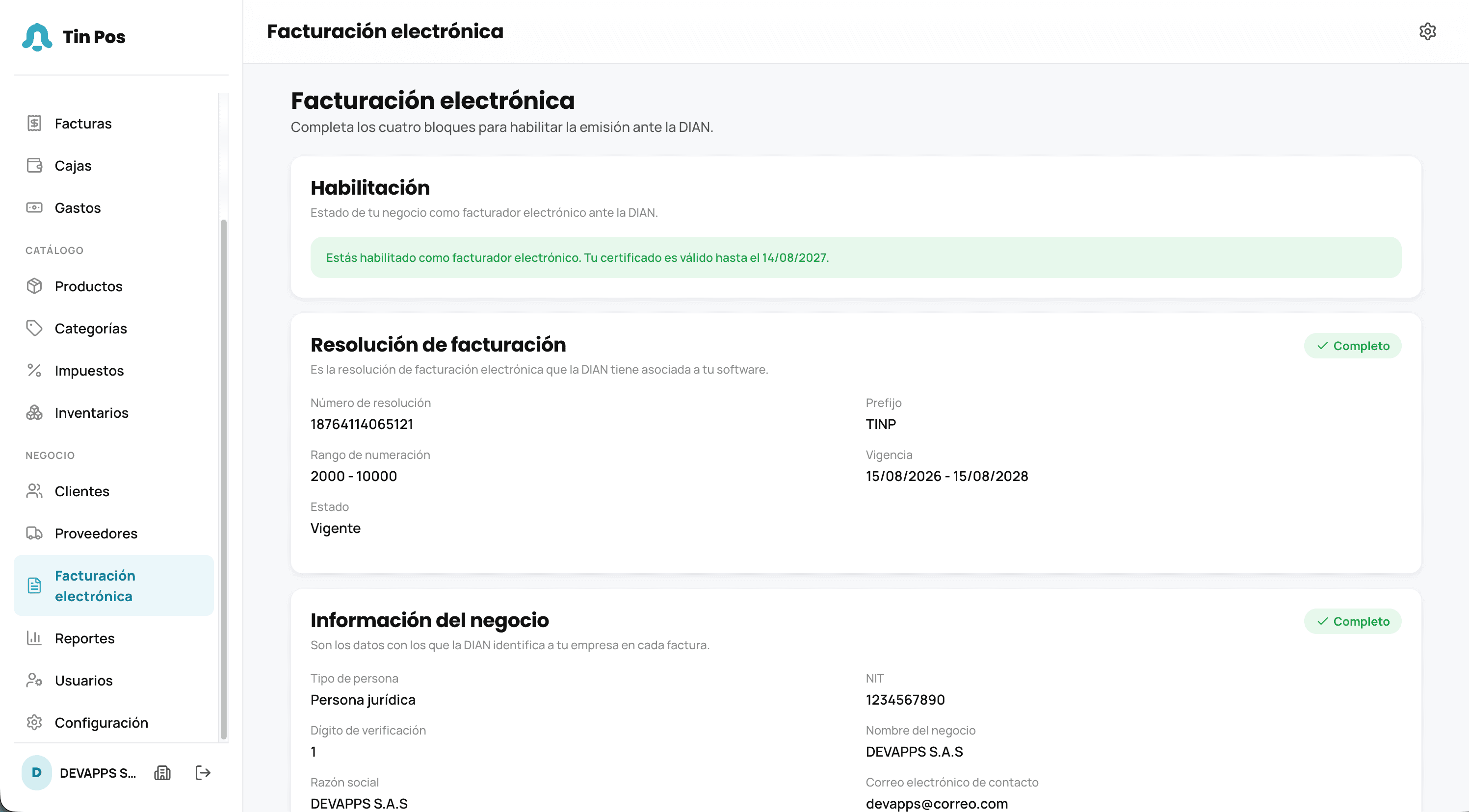 Módulo de facturación electrónica de Tin Pos en el computador: negocio habilitado ante la DIAN, vigencia del certificado y resolución de facturación con prefijo, rango y fechas